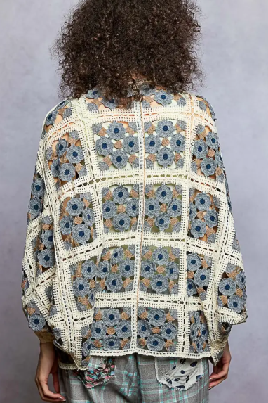 POL Dolman Sleeve Varied Pattern Crochet Open Cardigan