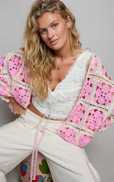 POL Dolman Sleeve Varied Pattern Crochet Open Cardigan