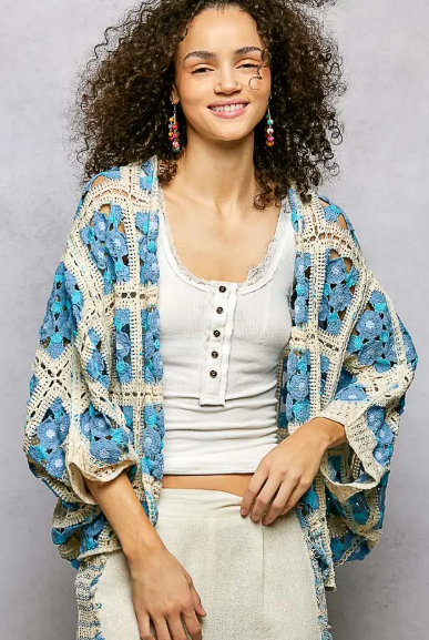 POL Dolman Sleeve Varied Pattern Crochet Open Cardigan