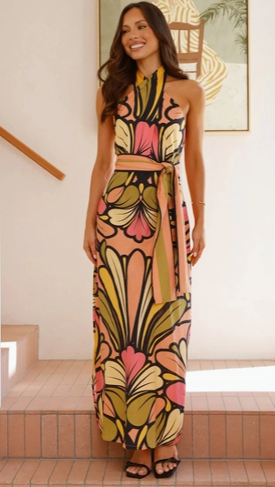 Floral Maxi Dress with Halter Neck For Elegant Casual Style (plus too)
