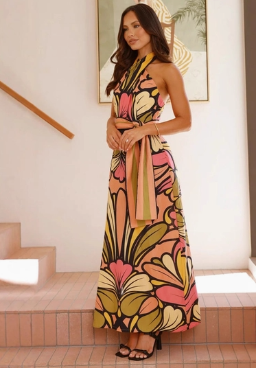 Floral Maxi Dress with Halter Neck For Elegant Casual Style (plus too)
