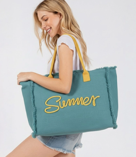 Sewn Rope Summer Letter Fringed Canvas Bag