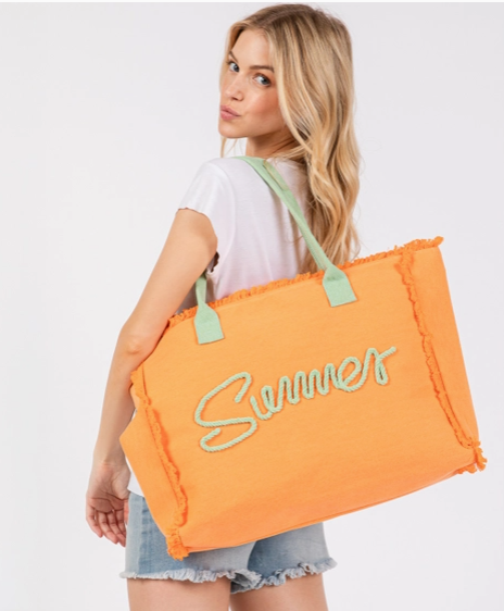 Sewn Rope Summer Letter Fringed Canvas Bag