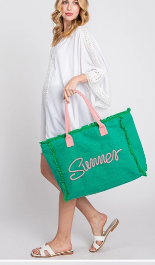 Sewn Rope Summer Letter Fringed Canvas Bag