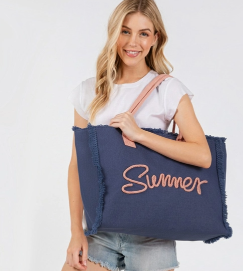 Sewn Rope Summer Letter Fringed Canvas Bag