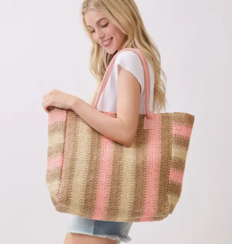 Multi Color Stripe Pattern Natural Brown Straw Tote Bag
