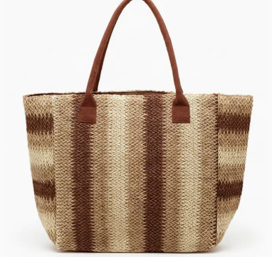 Multi Color Stripe Pattern Natural Brown Straw Tote Bag
