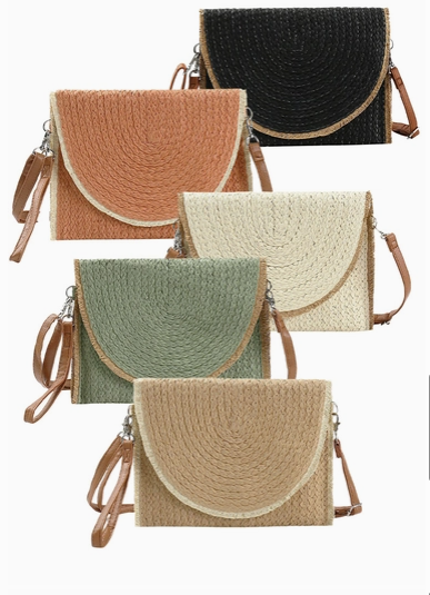 Frayed Trim Two Tone Straw Clutch Crossbody Bag