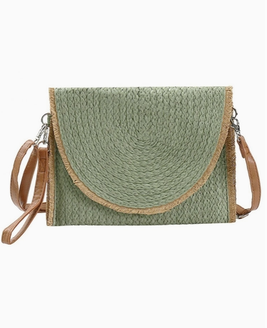 Frayed Trim Two Tone Straw Clutch Crossbody Bag