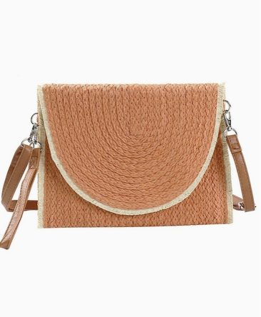 Frayed Trim Two Tone Straw Clutch Crossbody Bag