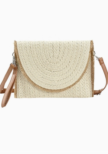 Frayed Trim Two Tone Straw Clutch Crossbody Bag