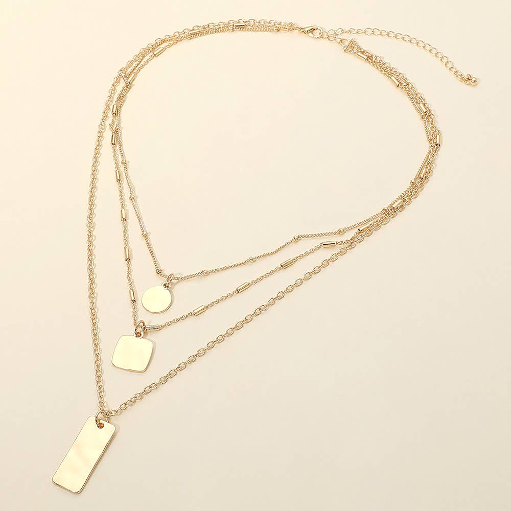 Hammered Metal Plate Pendant Layered Chain Necklace