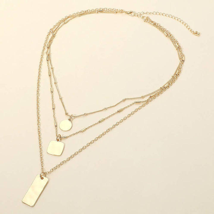 Hammered Metal Plate Pendant Layered Chain Necklace