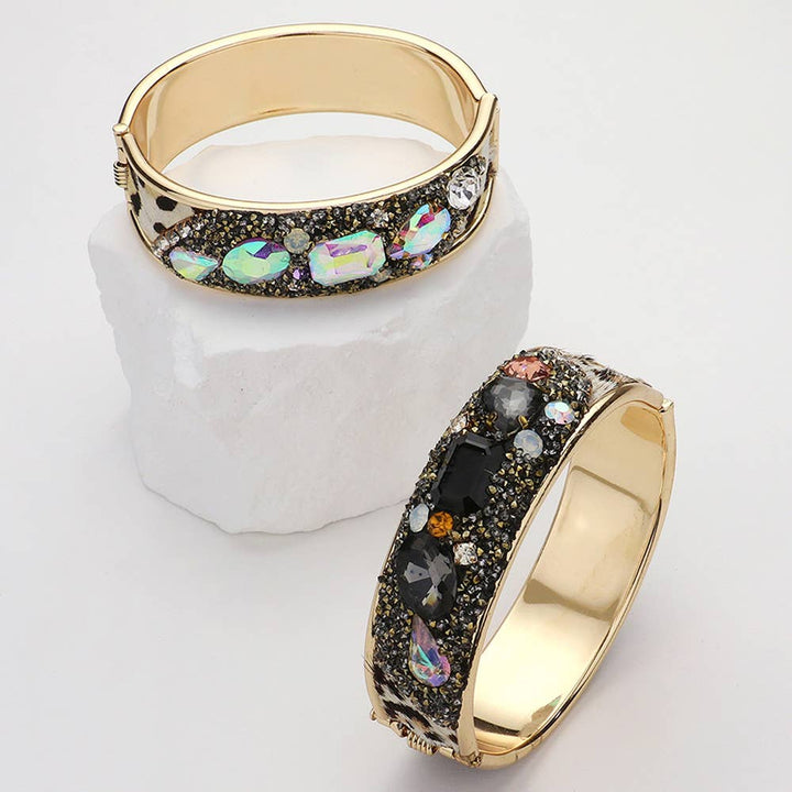 Animal Printed Fur Sparkly Stone Embellished Hinged Bracelet