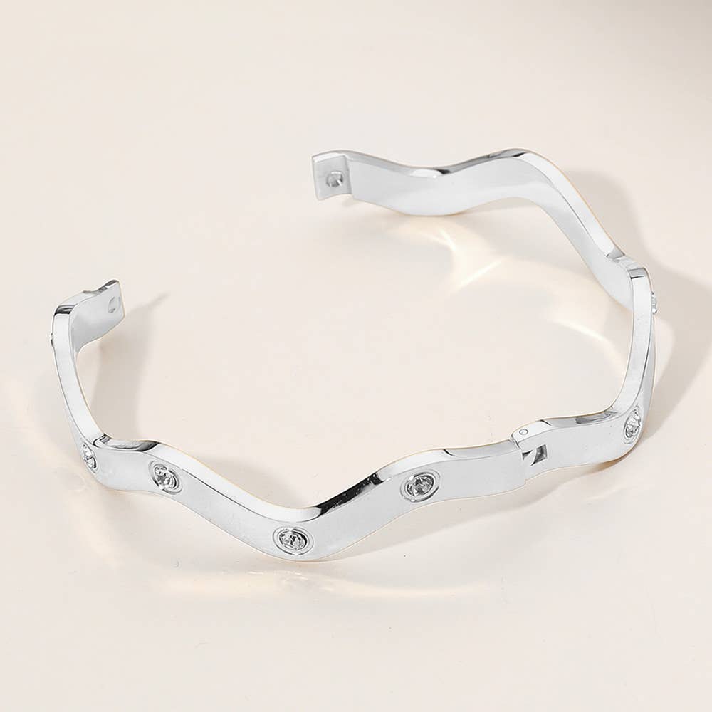 Stainless Steel Stone Paved Wavy Hinged Bangle Bracelet