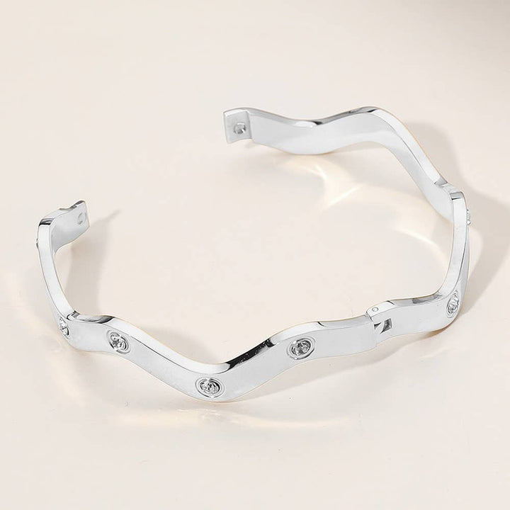Stainless Steel Stone Paved Wavy Hinged Bangle Bracelet