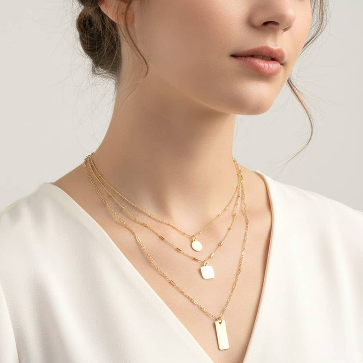 Hammered Metal Plate Pendant Layered Chain Necklace