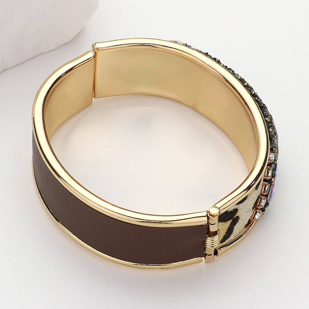 Animal Printed Fur Sparkly Stone Embellished Hinged Bracelet