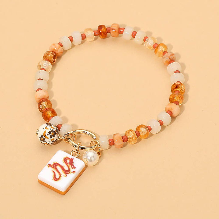 Mahjong Tile Charm Pearl Floral Bead Ball Accent Beaded Stretch Bracelet