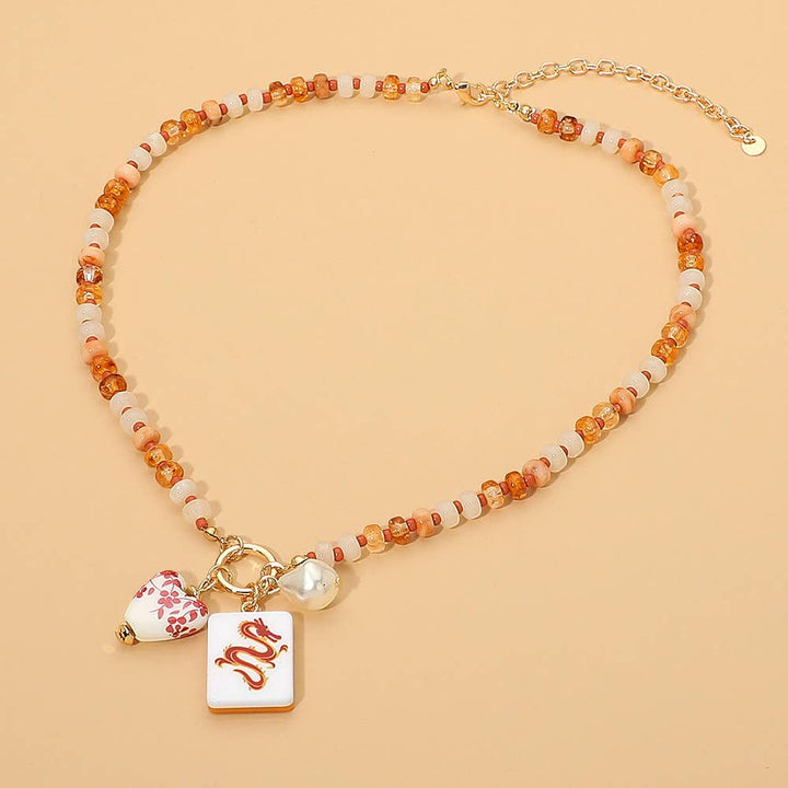 Mahjong Tile Charm Pearl Floral Bead Ball Charm Pendant Beaded Necklace