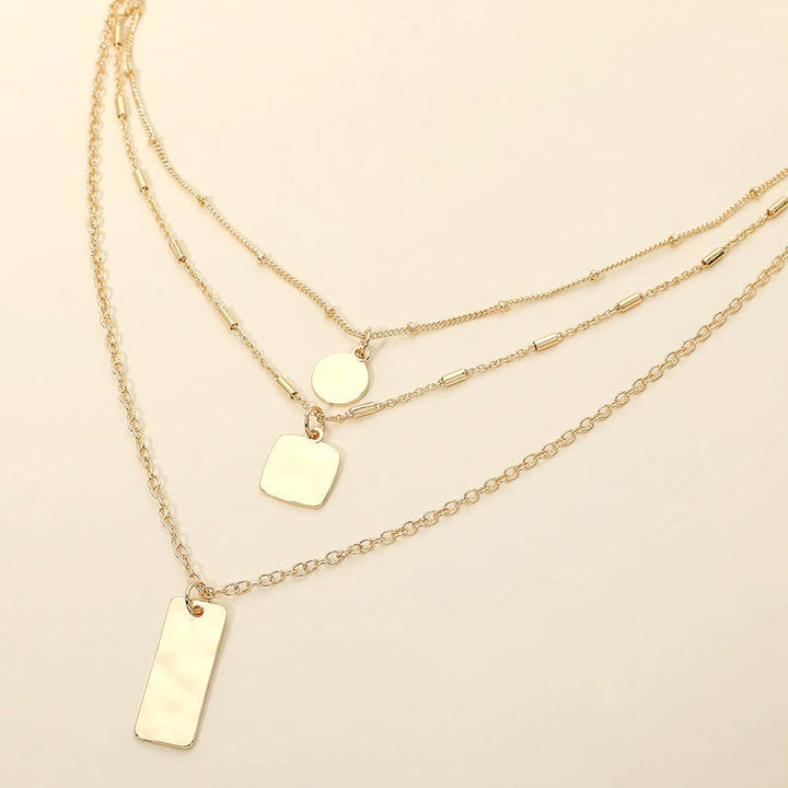Hammered Metal Plate Pendant Layered Chain Necklace