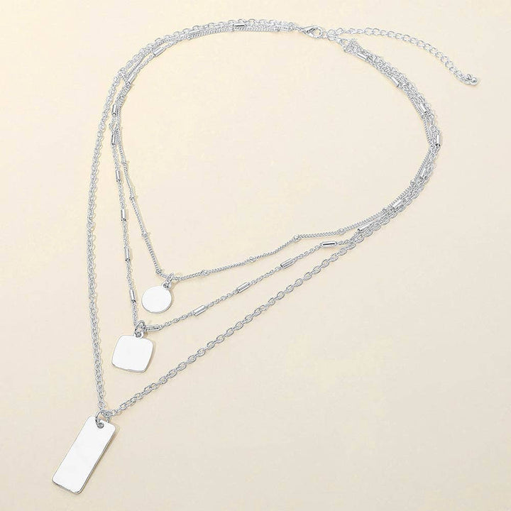 Hammered Metal Plate Pendant Layered Chain Necklace