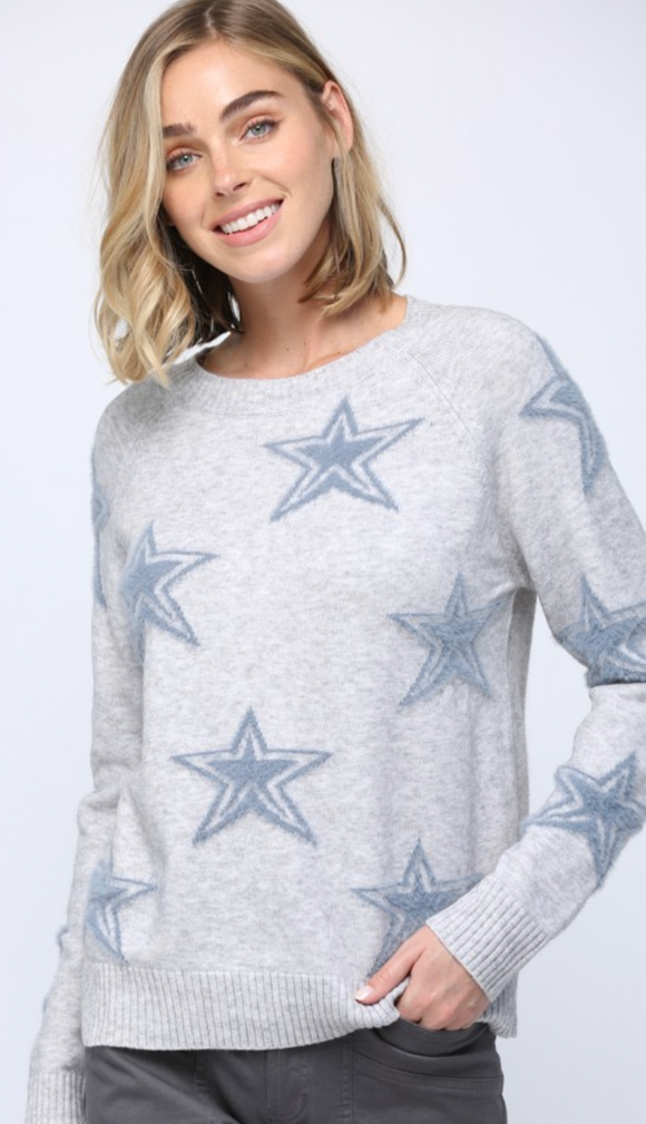 Fuzzy Denim Star Knit Sweater