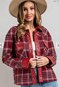 Mixed Faux Leather Plaid Shacket