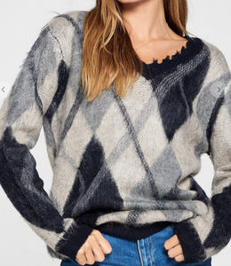 Highland  Fluff Plaid V Neck Sweater